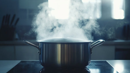 A close-up of a stainless steel pot boiling water on a modern stovetop, with steam rising, set against a clean kitchen backdrop.の素材