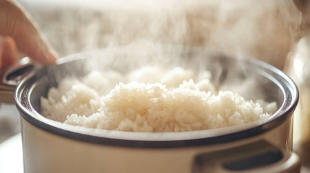 A close-up of a steaming bowl of freshly cooked rice being served from an open rice cooker, with a focus on the fluffy texture and aroma of the rice.の素材