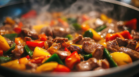 A close-up of a sizzling pan with a delicious stir-fry, showing vibrant vegetables and tender meat cooking in a hot, bubbling sauce.の素材