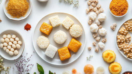 A creative flat lay of traditional Thai sweets, including crispy rice cakes and sweet mung bean cakes, arranged attractively on a white surface to capture their variety.の素材