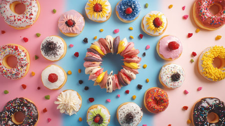 A creative flat lay of donuts arranged in a circular pattern, with various toppings and fillings visible, highlighting the vibrant colors and textures.の素材