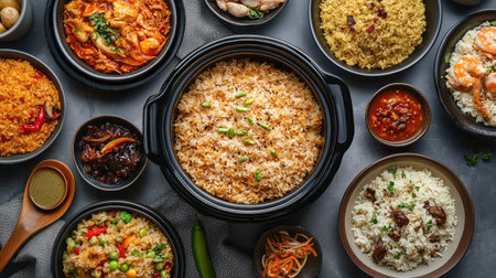 A creative flat lay of a rice cooker with a variety of cooked rice dishes arranged around it, including rice pilaf, fried rice, and rice pudding.の素材