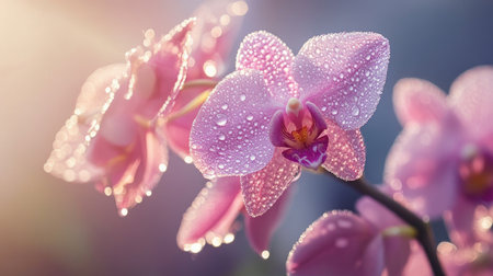 A delicate orchid with dew drops on its petals, captured in soft morning light, highlighting the elegance and freshness of the flower.の素材