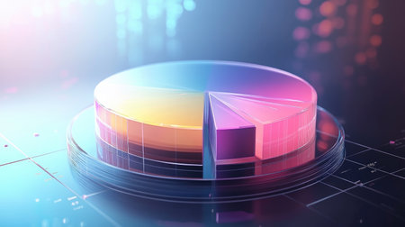 A digital 3D pie chart with transparent segments floating in space, highlighting the distribution of data in a sleek, modern style.の素材