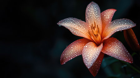 A flower with dew drops on its petals against a dark background, with the droplets reflecting light and adding a sense of depth and richness to the image.の素材