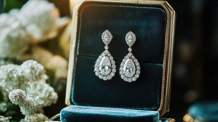 A high-resolution image of a pair of sophisticated diamond drop earrings hanging from a luxurious velvet jewelry box, with a focus on their intricate design.の素材