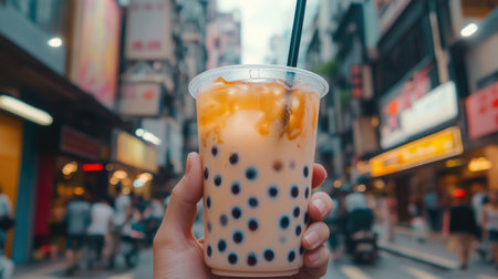 A hand holding a cup of iced bubble tea with a wide straw, the tapioca pearls visible through the clear plastic, against a bustling street background.の素材