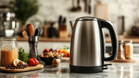 A high-resolution image of a kettle on a marble countertop, with a background of ingredients and kitchen gadgets, ready for making hot beverages.の素材
