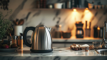 A high-resolution image of a kettle on a marble countertop, with a background of ingredients and kitchen gadgets, ready for making hot beverages.の素材