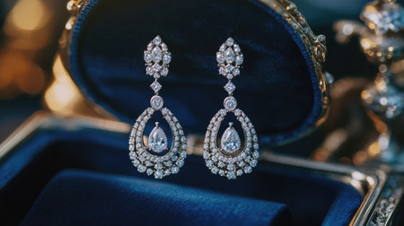 A high-resolution image of a pair of sophisticated diamond drop earrings hanging from a luxurious velvet jewelry box, with a focus on their intricate design.の素材
