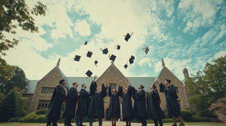 A high-resolution image of a group of graduates in caps and gowns tossing their hats in the air on a university campus, celebrating their accomplishment togetherの素材