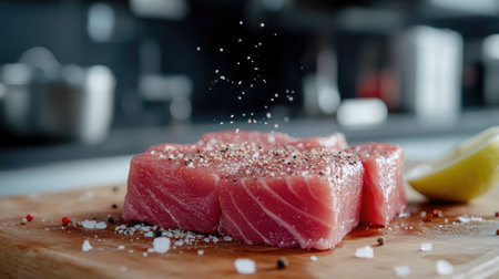 A high-resolution image of fresh tuna steaks displayed on a clean cutting board, ready for grilling or searing, with a sprinkle of salt and pepper.の素材