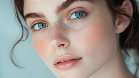 A natural beauty shot of a woman with minimal makeup, wearing a relaxed expression, with soft, diffused lighting highlighting her features.の素材