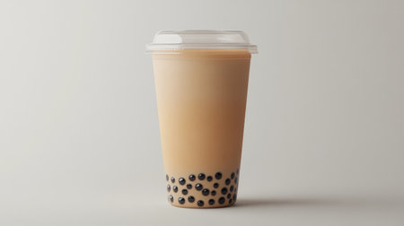 A plastic bubble tea cup with a sealed lid, pearls visible at the bottom, placed on a white background with no distractions, emphasizing the drink clarity.の素材