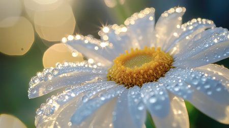 A macro shot of a daisy with dew drops on its white petals, capturing the intricate details of the water droplets reflecting sunlight.の素材