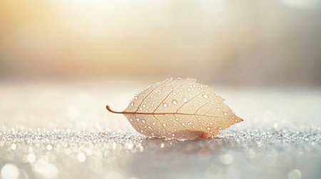A serene image of a dewy leaf on a misty morning, with the droplets reflecting soft, diffused light and adding a touch of tranquility to the scene.の素材