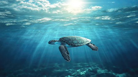 A serene image of a sea turtle floating near the surface of the water, with its flippers extended and the surrounding ocean creating a tranquil atmosphere.の素材