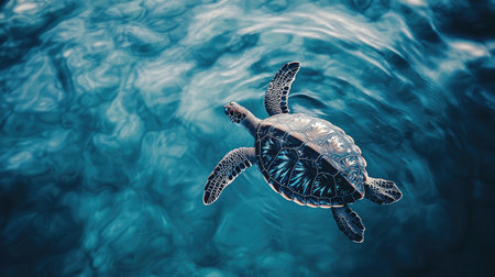A serene image of a sea turtle floating near the surface of the water, with its flippers extended and the surrounding ocean creating a tranquil atmosphere.の素材