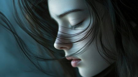 A serene portrait of a woman with long hair flowing gently around her face, with soft lighting accentuating her delicate and graceful appearance.の素材