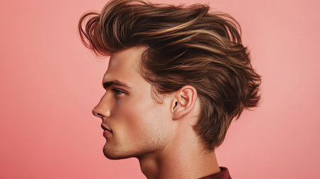 A side view of a man with a textured quiff hairstyle, showing off the volume and natural flow of the hair, styled to perfection.の素材