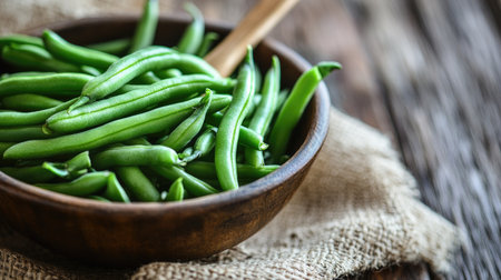 A bowl filled with fresh green beans and a rustic wooden spoon, with a focus on the vibrant color and texture of the beans against a simple, natural background.の素材