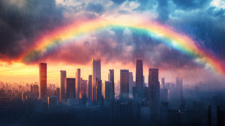 A city skyline under a brilliant rainbow, with modern buildings towering beneath the colorful arc, set against a backdrop of dark rain clouds.の素材