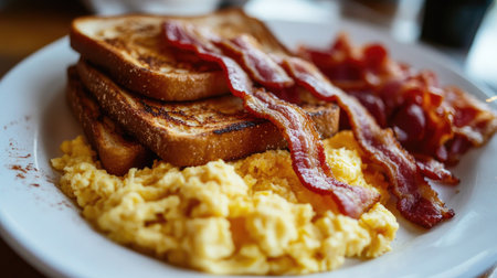 A breakfast plate with a stack of golden-brown toast, crispy bacon, and scrambled eggs, capturing a hearty and satisfying morning meal.の素材