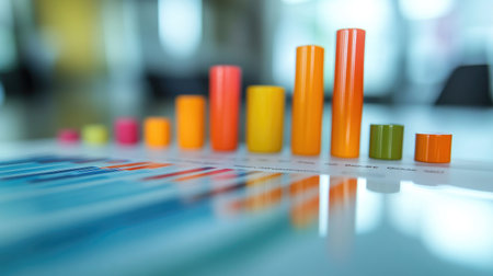 A close-up of a printed bar graph with colorful segments, highlighting financial performance and business metrics in a conference room setting.の素材
