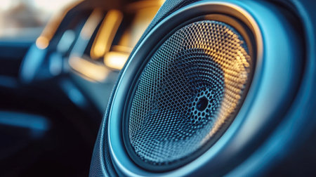 A close-up of a high-quality car speaker installed on the door panel, with detailed focus on the mesh grille and speaker cone against a clean car interior.の素材