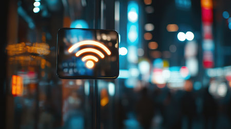 A close-up of a modern smartphone displaying a strong Wi-Fi signal icon, with a blurred background of a bustling cityscape, emphasizing wireless connectivity.の素材
