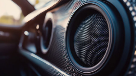 A close-up of a high-quality car speaker installed on the door panel, with detailed focus on the mesh grille and speaker cone against a clean car interior.の素材