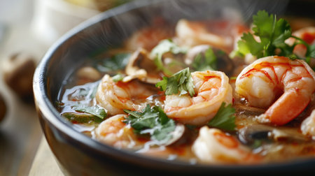 A close-up of a steaming bowl of Tom Yum Goong, with shrimp, mushrooms, and herbs in a flavorful broth, showcasing the vibrant colors and textures of the dish.の素材