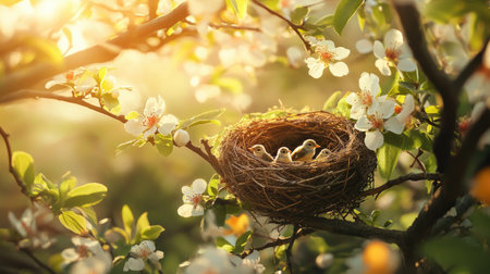 A close-up shot of a nest with tiny birds peeking out, resting on a thick branch of a tree, surrounded by blooming flowers and bright sunlight.の素材
