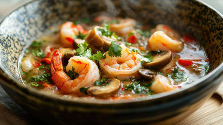 A close-up of a steaming bowl of Tom Yum Goong, with shrimp, mushrooms, and herbs in a flavorful broth, showcasing the vibrant colors and textures of the dish.の素材