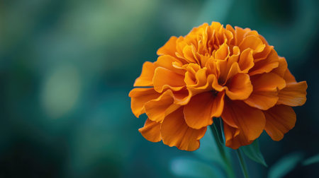 A close-up of a vibrant orange marigold with a rich texture and layered petals, contrasted against a green garden backdrop and soft natural light.の素材