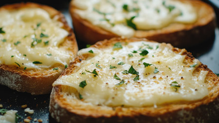 A close-up of toasted bread with melted cheese and a sprinkle of herbs, showcasing a delicious, gooey snack or light lunch option.の素材
