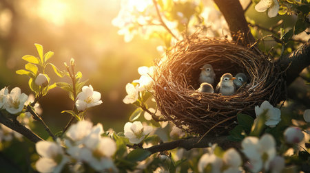 A close-up shot of a nest with tiny birds peeking out, resting on a thick branch of a tree, surrounded by blooming flowers and bright sunlight.の素材