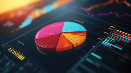 A close-up view of a 3D pie chart on a computer screen, with interactive segments and detailed data labels showcasing precise information distribution.の素材