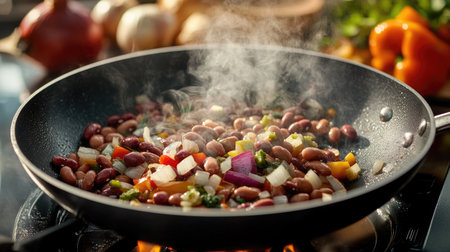 A cooking scene featuring beans being saut in a pan with onions and garlic, with steam rising and vibrant colors from the beans and vegetables.の素材