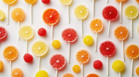 A creative composition featuring lollipops with various fruity flavors and colors scattered around, arranged to form a vibrant and enticing pattern.の素材