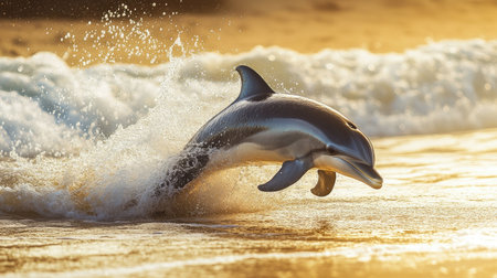 A dolphin splashing in the shallow waters near the shore, with golden sand and gentle waves in the background, capturing a peaceful yet playful moment in nature.の素材