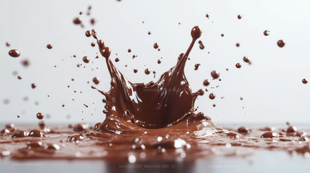 A dramatic shot of a splash of liquid chocolate, with droplets and splatters creating a dynamic and engaging visual effect against a white surface.の素材