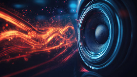 A dynamic image of a car speaker with sound waves or vibrations illustrated around it, conveying the power and clarity of the audio system.の素材