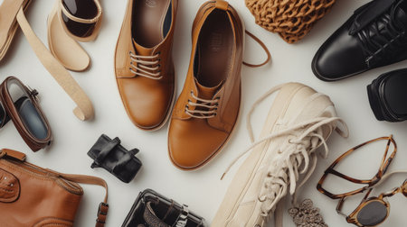A fashion blogger's flat lay of seasonal footwear, including boots, sneakers, and sandals, with accessories like sunglasses and handbags, illustrating a complete style.の素材