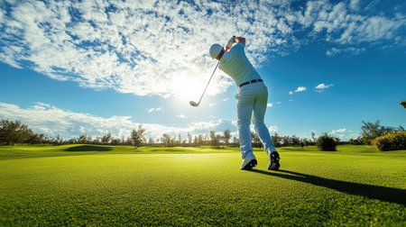 A dynamic shot of a golfer in mid-swing, with a beautiful golf course and blue sky in the background, capturing the power and precision of the golf swing.の素材