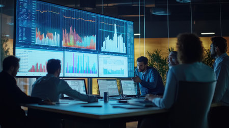 A group of financial analysts in a meeting room, discussing a large screen with multiple financial graphs and market data projected from a computer. Professional atmosphere.の素材