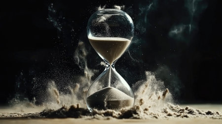 A dramatic shot of an hourglass with sand flowing in slow motion, captured with a high-speed camera to emphasize the elegance and fluidity of the sand.の素材
