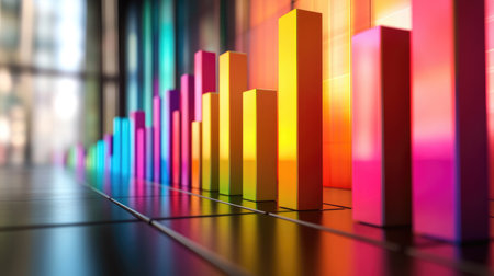 A high-resolution image of a 3D bar chart with vibrant, colored bars ascending against a sleek, modern background, showcasing data trends and comparisons.の素材