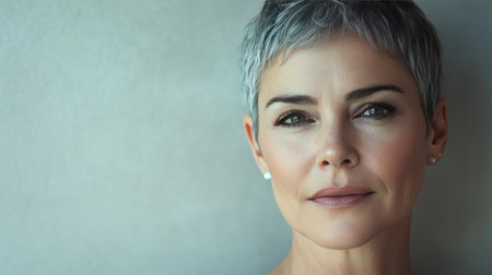 A high-resolution portrait of a mature woman with short hair, highlighting her well-cared-for skin and confident demeanor, set against a light, neutral background.の素材