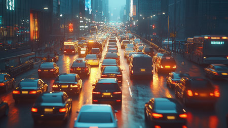 A high-resolution image of a busy city street with dense traffic and a variety of vehicles, showcasing the flow and congestion in urban traffic.の素材